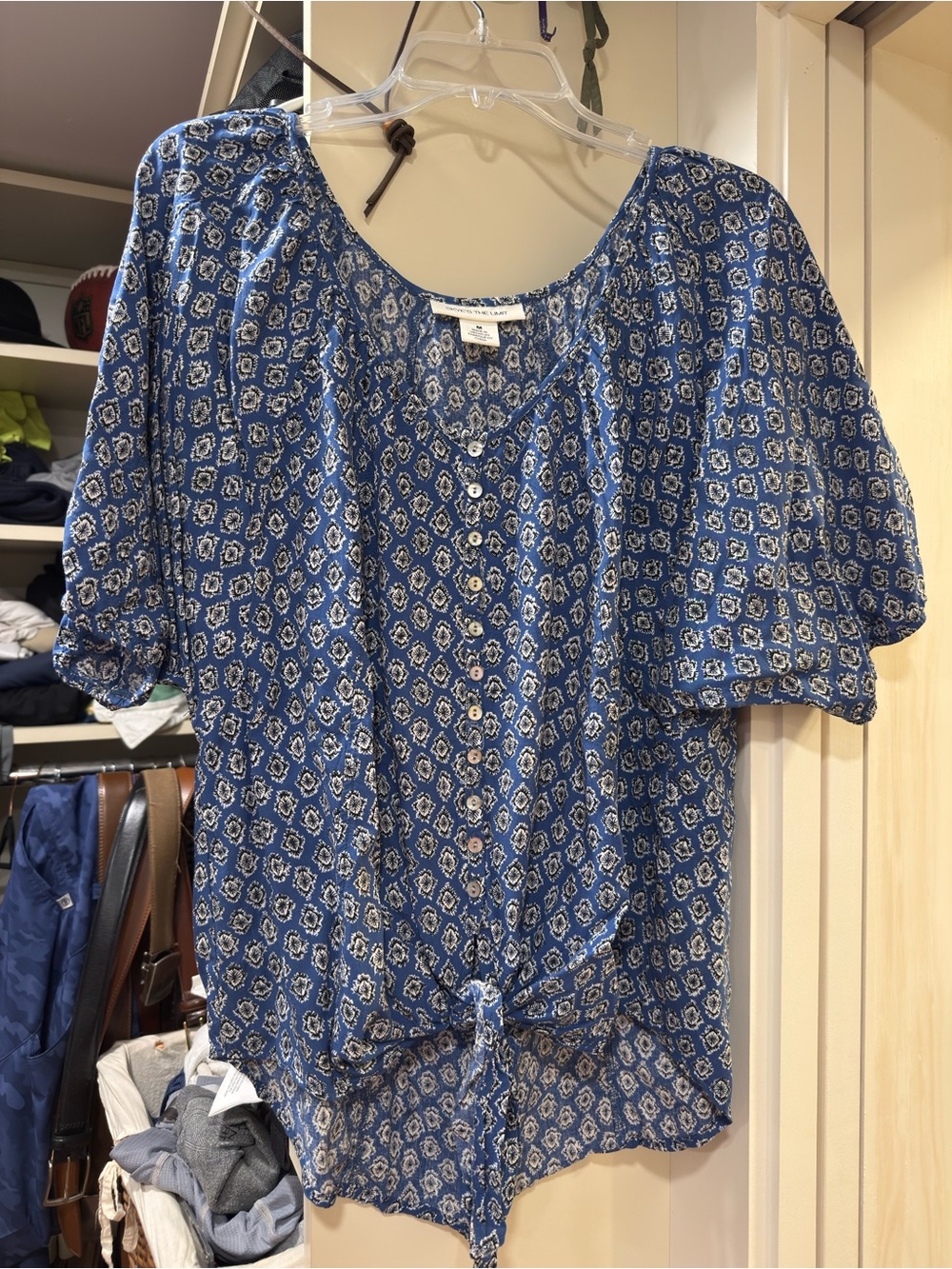 Skye's the Limit Blue Printed Button-Front Tie-Hem Blouse